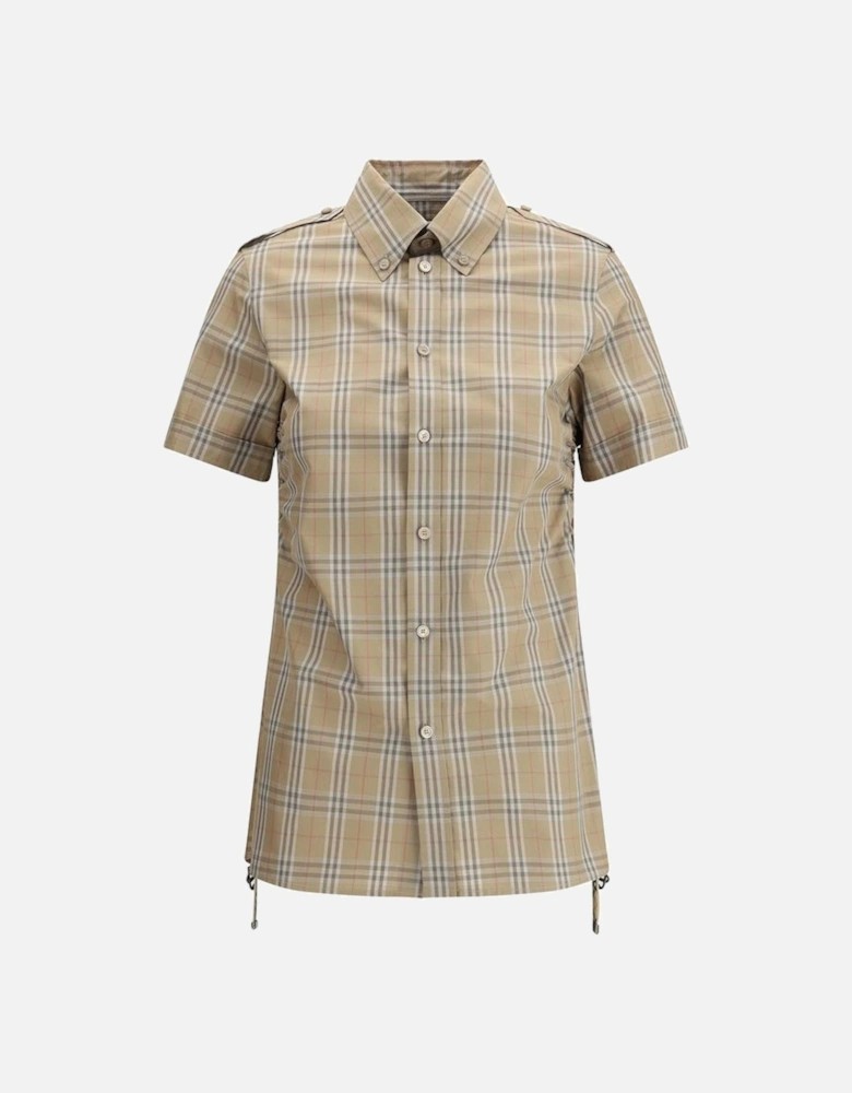 Cotton Short-Sleeve Shirt with Adjustable Gathers Women - Brown