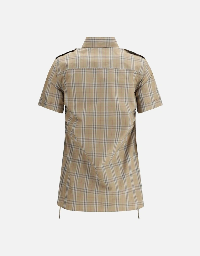 Cotton Short-Sleeve Shirt with Adjustable Gathers Women - Brown