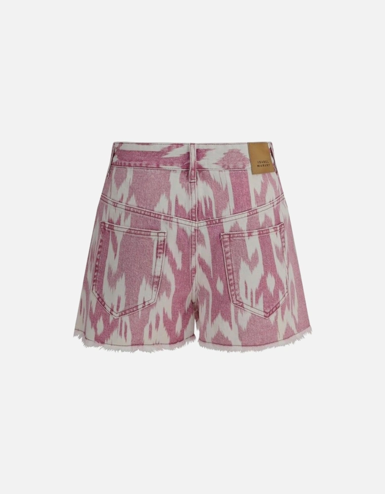 Denim Shorts with Ethnic Print and Frayed Hems Women - Multicolor