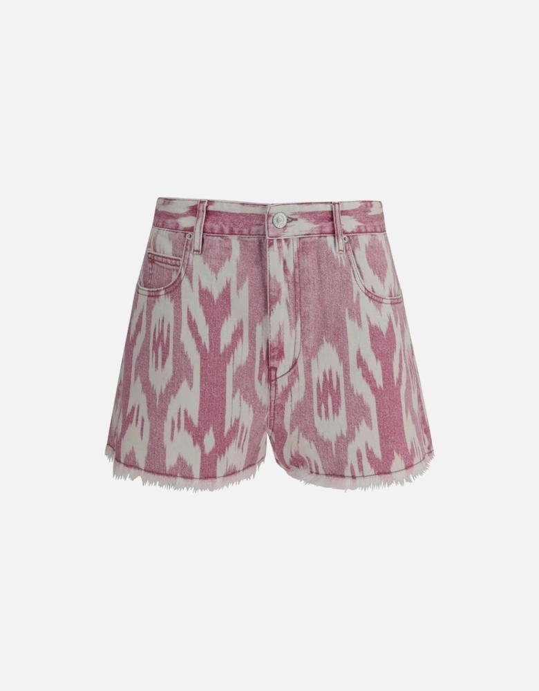 Denim Shorts with Ethnic Print and Frayed Hems Women - Multicolor
