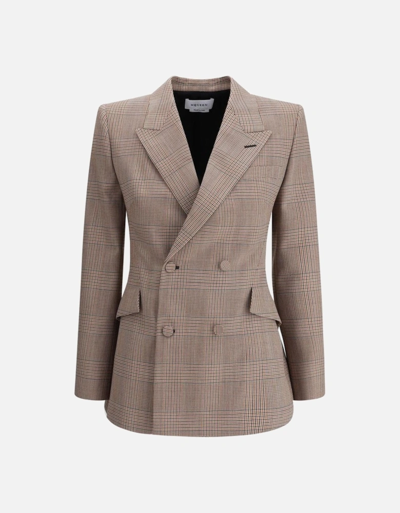 Wool Blazer with Peaked Lapel and Check Pattern Women - Brown Suits