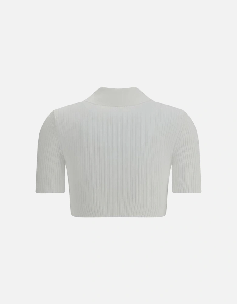 Cropped Ribbed Polo Shirt with Embroidered Logo Women - White