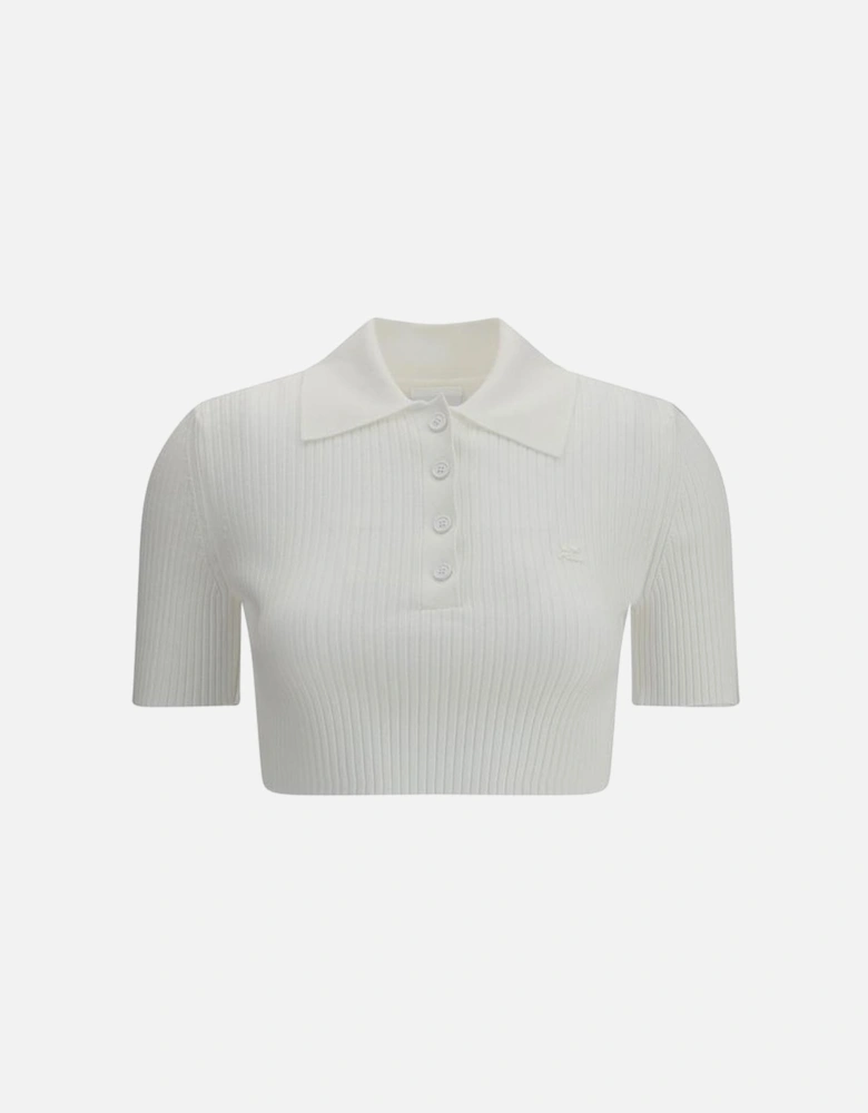 Cropped Ribbed Polo Shirt with Embroidered Logo Women - White