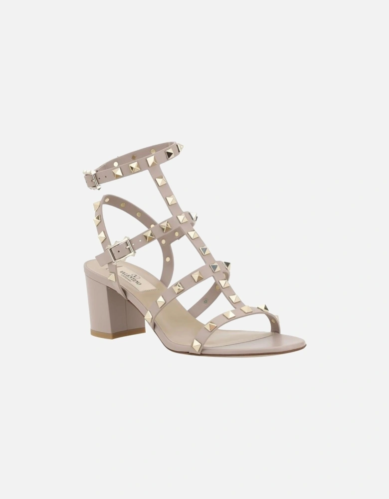 Rockstud Leather Sandals with Chunky Heel Women - Beige