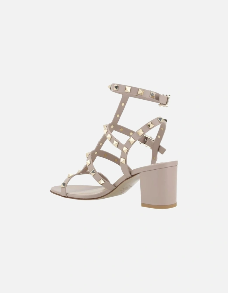 Rockstud Leather Sandals with Chunky Heel Women - Beige