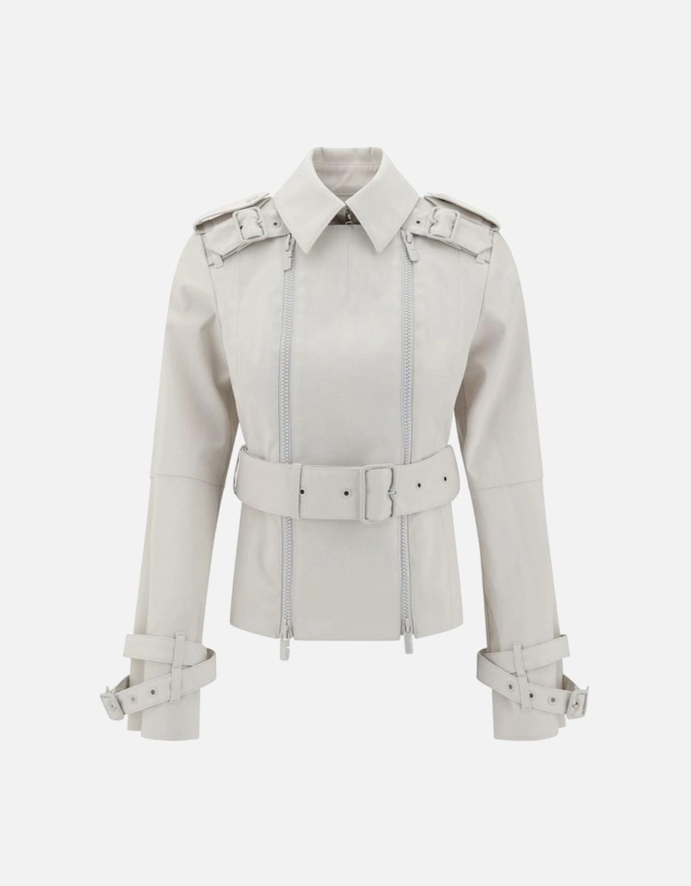 Cotton Jacket with Adjustable Belt and Zipper Closures Women - Beige