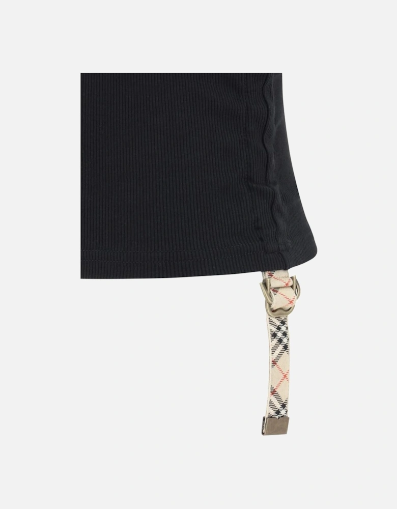 Ribbed Top with Ruffle and Archive Check Trim Women - Black T-Shirts
