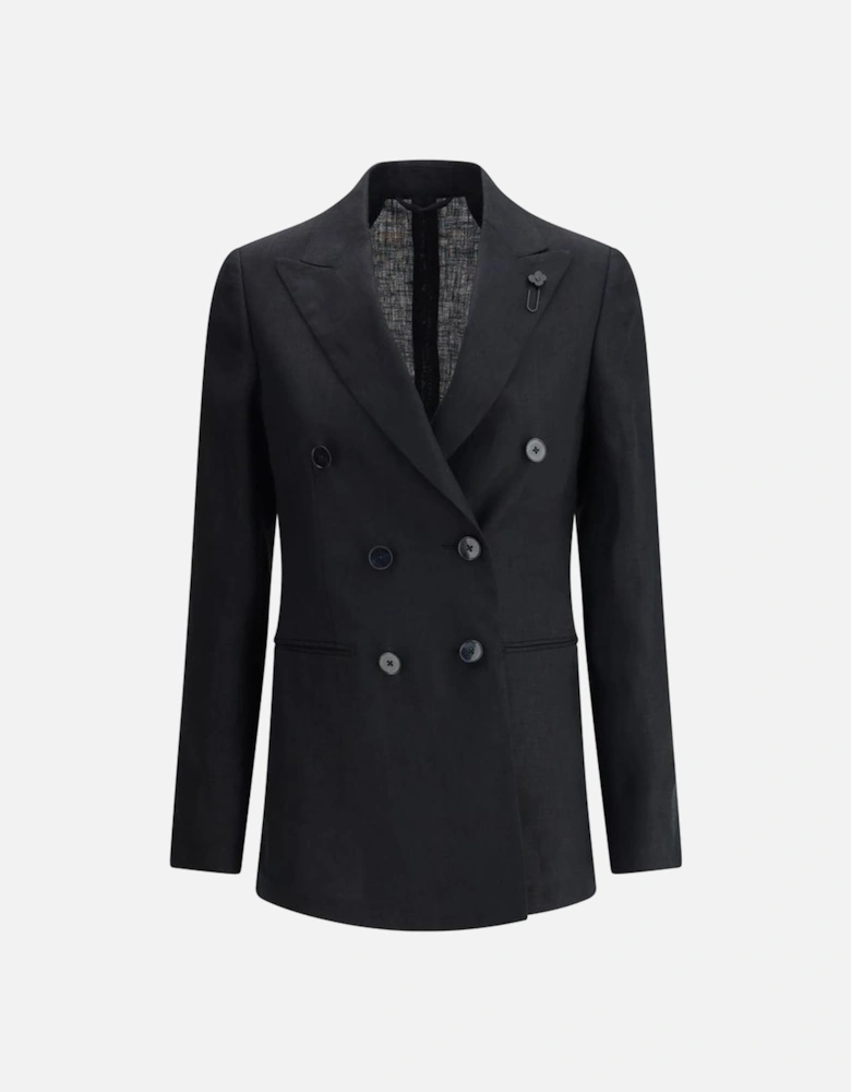 Double-Breasted Linen Blazer with Peak Lapels Women - Black Suits