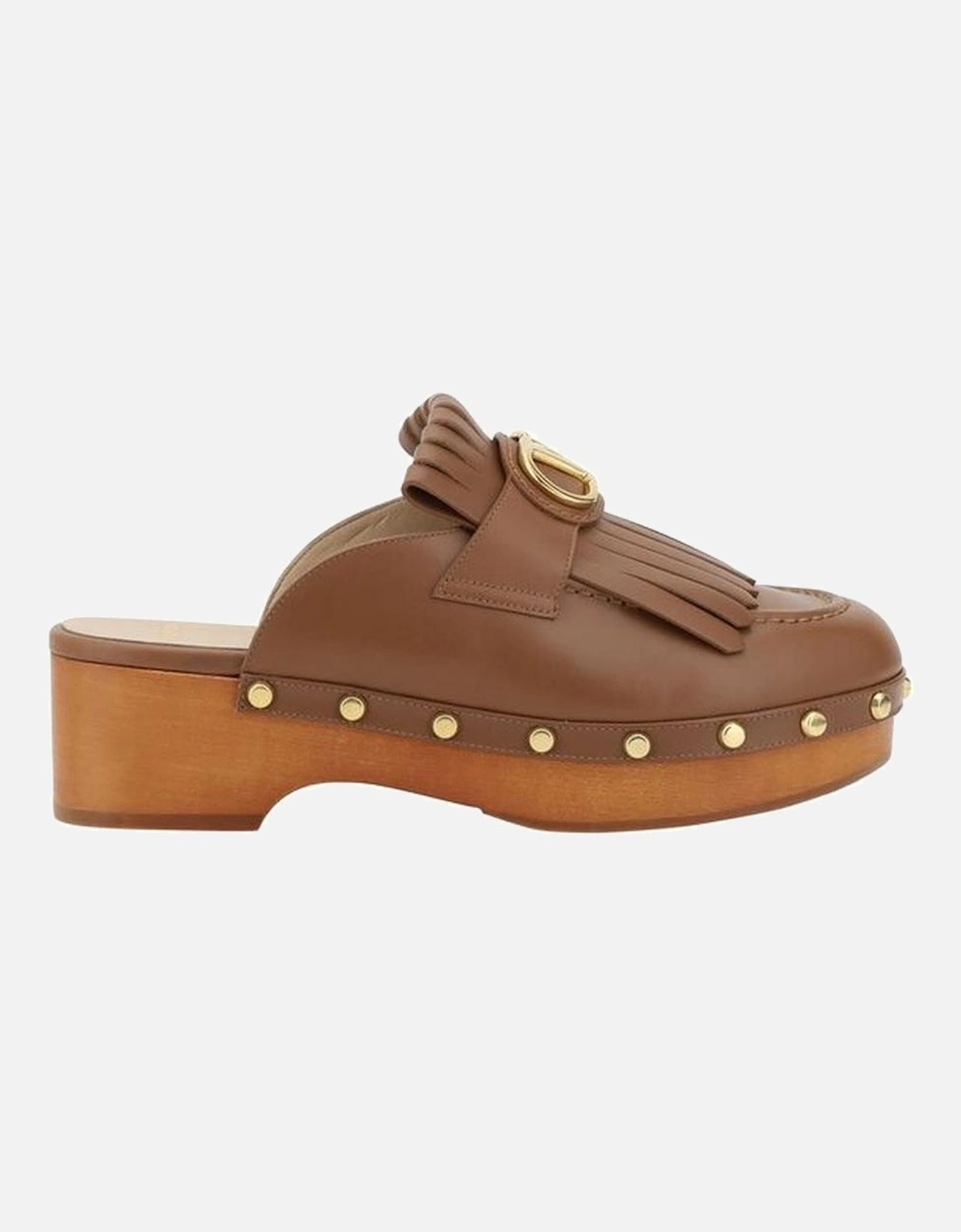 Leather Sabot with VLogo Plaque and Wooden Heel Women - Brown Sandals, 5 of 4