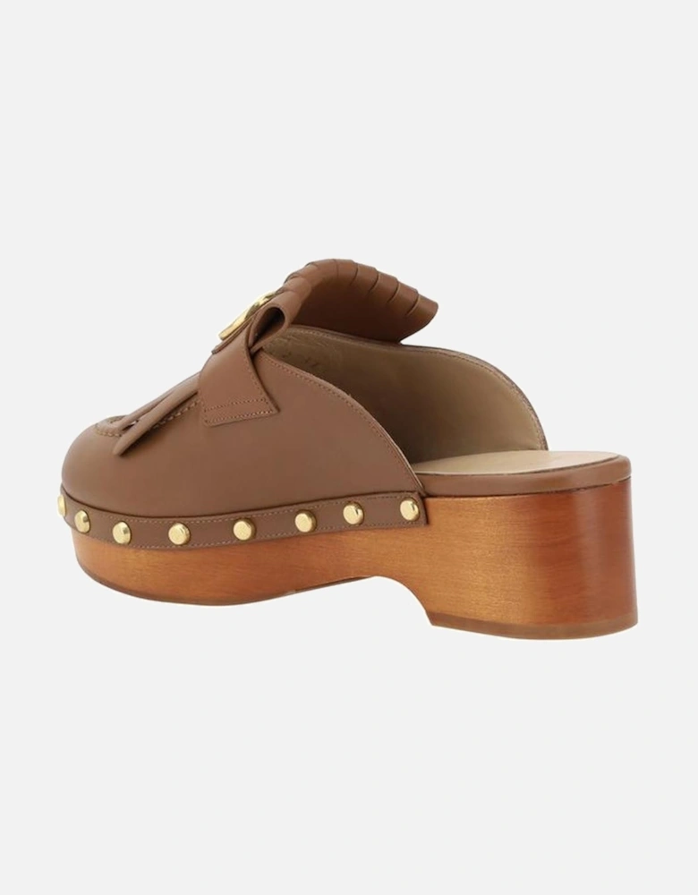 Leather Sabot with VLogo Plaque and Wooden Heel Women - Brown Sandals
