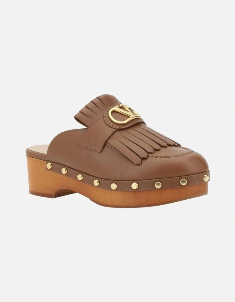 Leather Sabot with VLogo Plaque and Wooden Heel Women - Brown Sandals