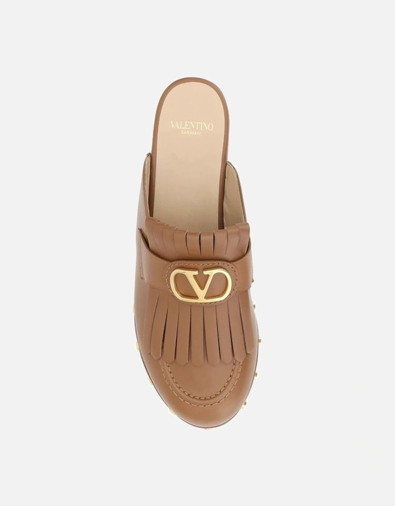 Leather Sabot with VLogo Plaque and Wooden Heel Women - Brown Sandals