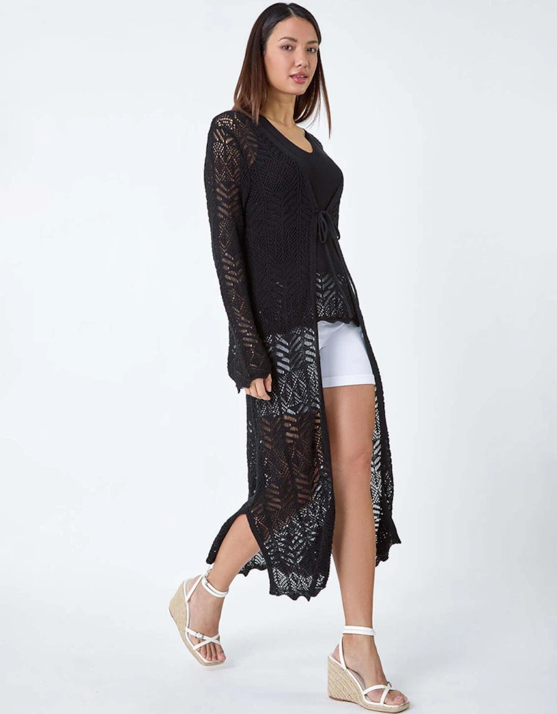 Longline Tie Cotton Blend Knit Cardigan