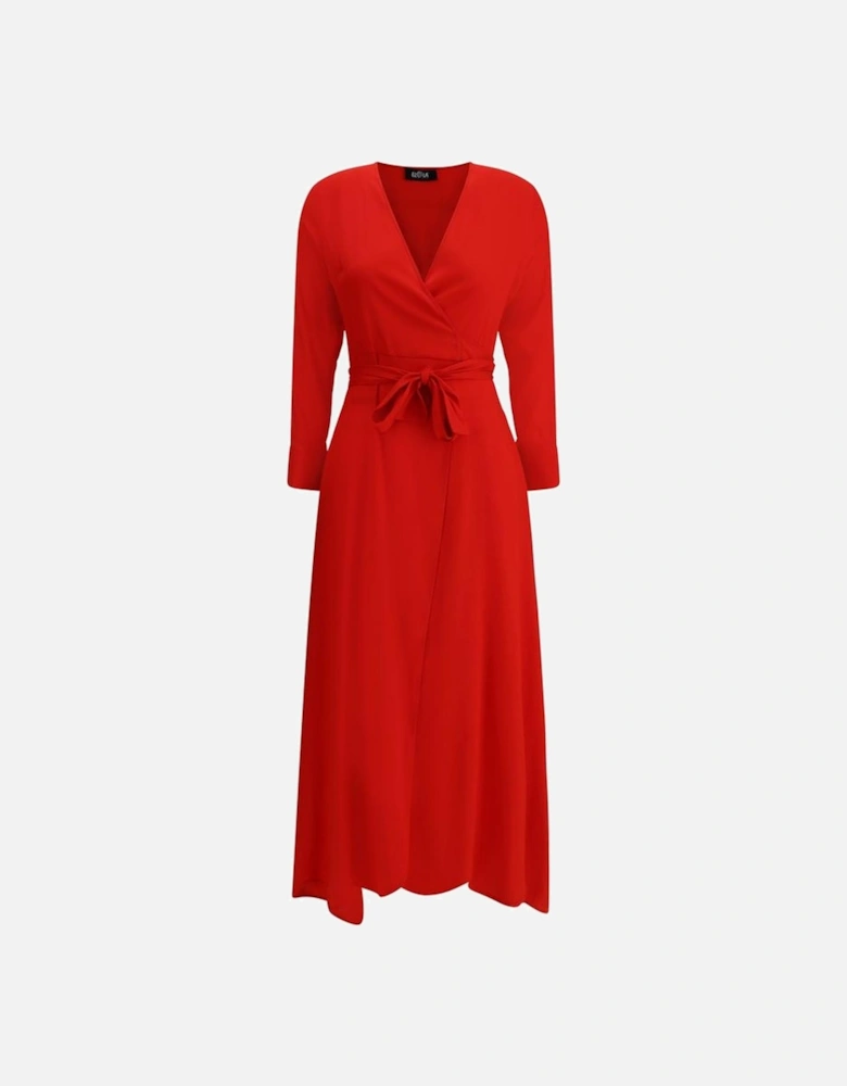 Long Silk Chemisier Dress with V-Neckline Women - Red Dresses