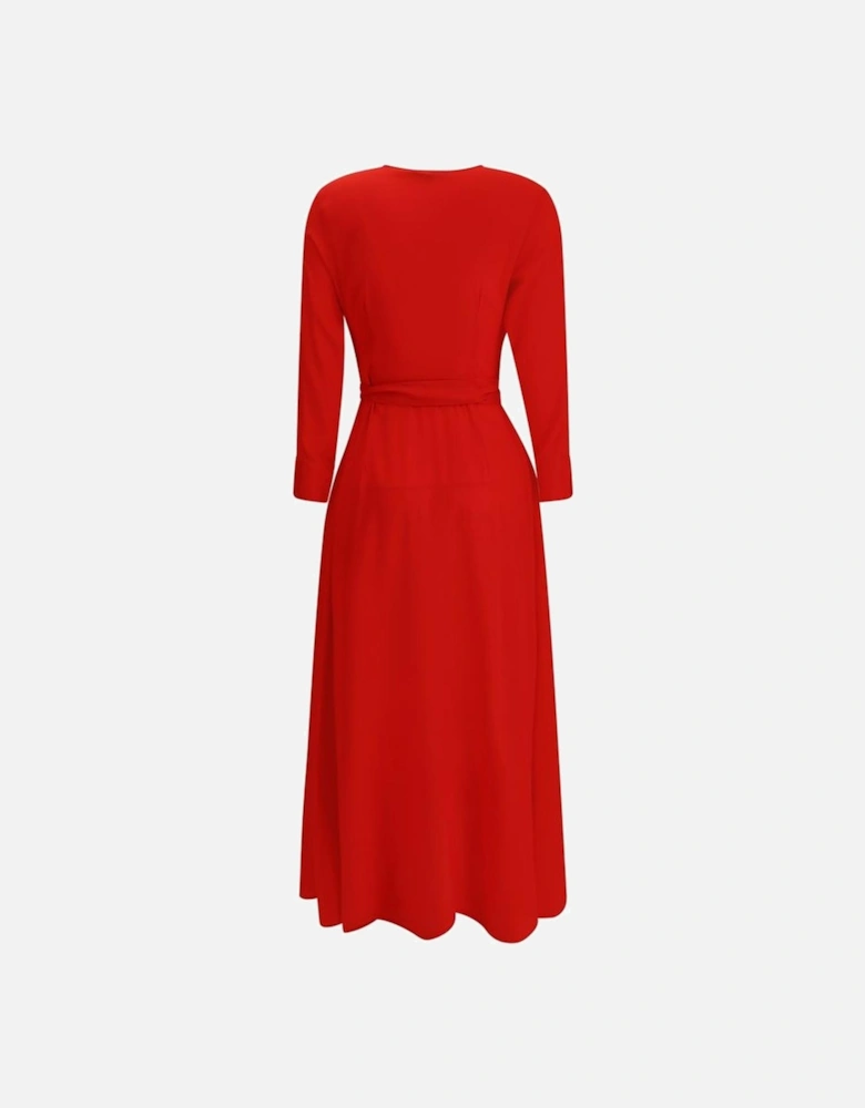 Long Silk Chemisier Dress with V-Neckline Women - Red Dresses