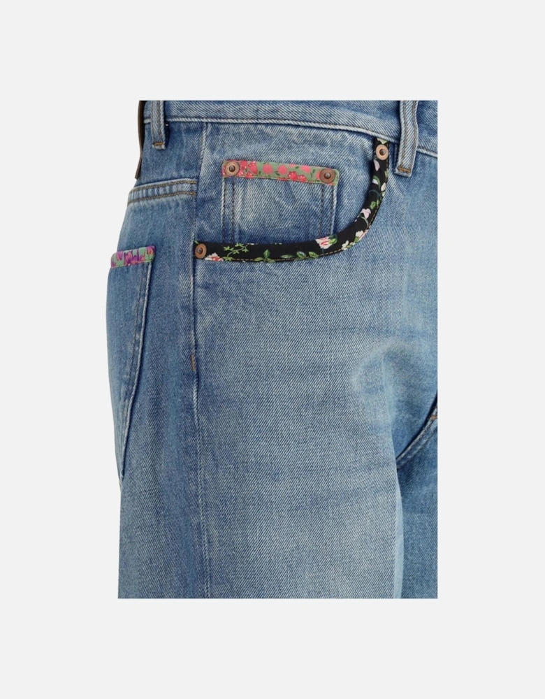 Straight Jeans with Floral Applique and Belt Loops Women - Blue Jeans