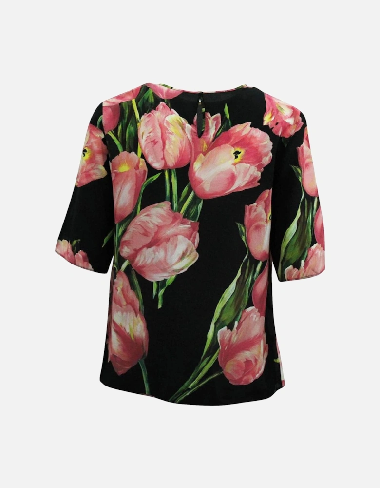 Silk Blouse with Short Sleeves and Floral Print Women - Black Sweaters
