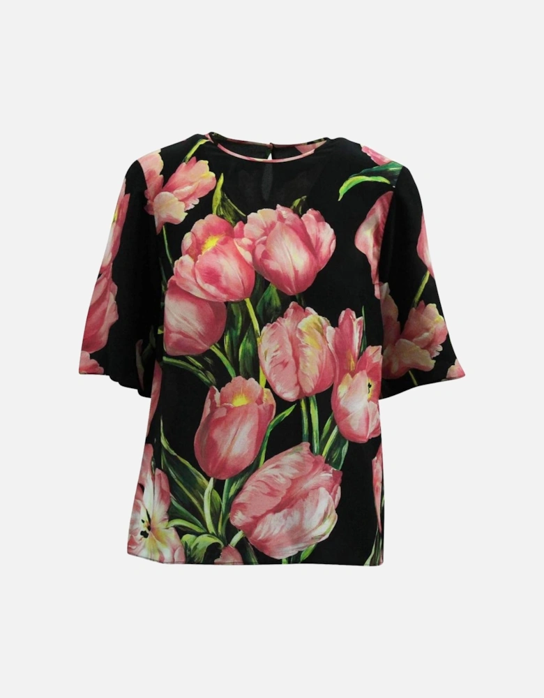 Silk Blouse with Short Sleeves and Floral Print Women - Black Sweaters