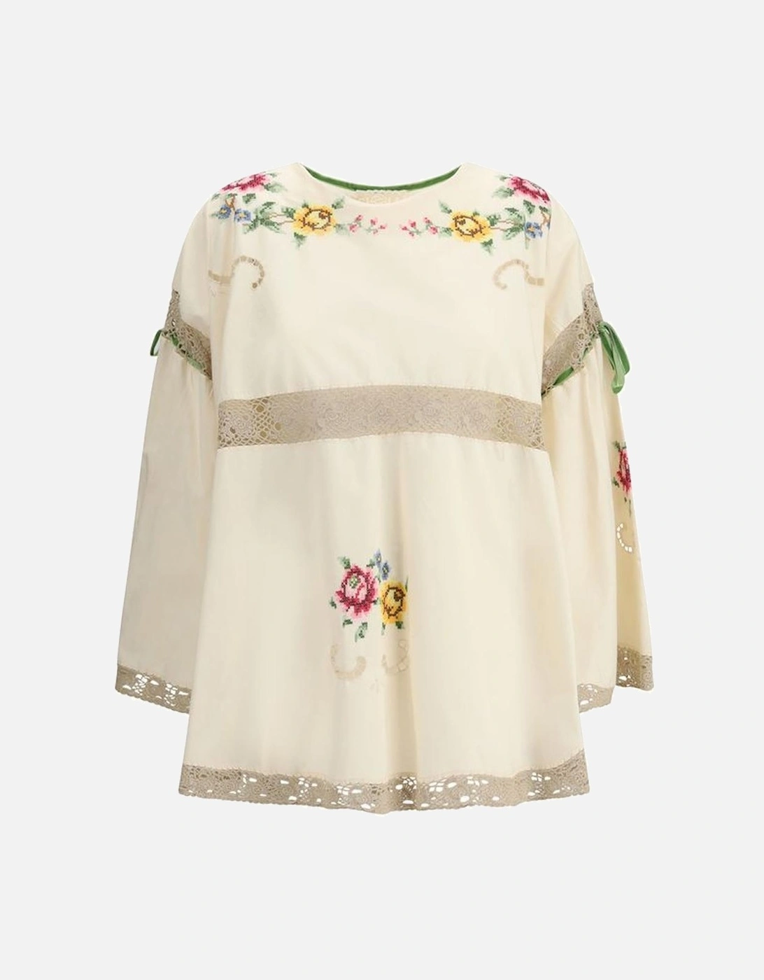 Asymmetric Hem Cotton Blouse with Velvet Ribbons Women - Cream Shirts, 4 of 3