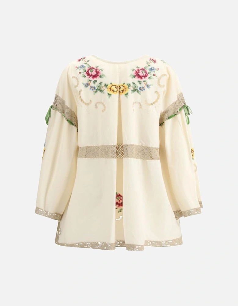 Asymmetric Hem Cotton Blouse with Velvet Ribbons Women - Cream Shirts