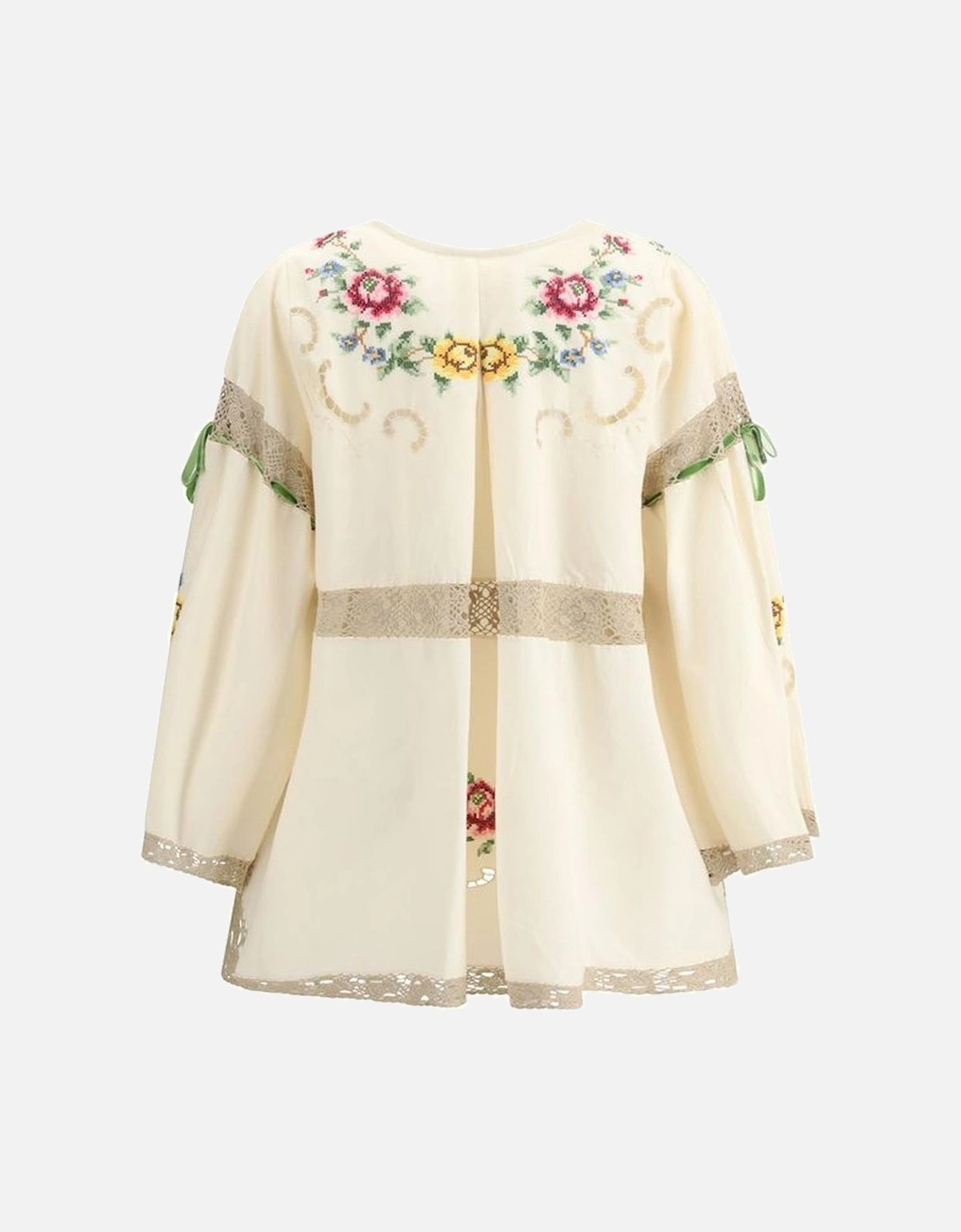 Asymmetric Hem Cotton Blouse with Velvet Ribbons Women - Cream Shirts