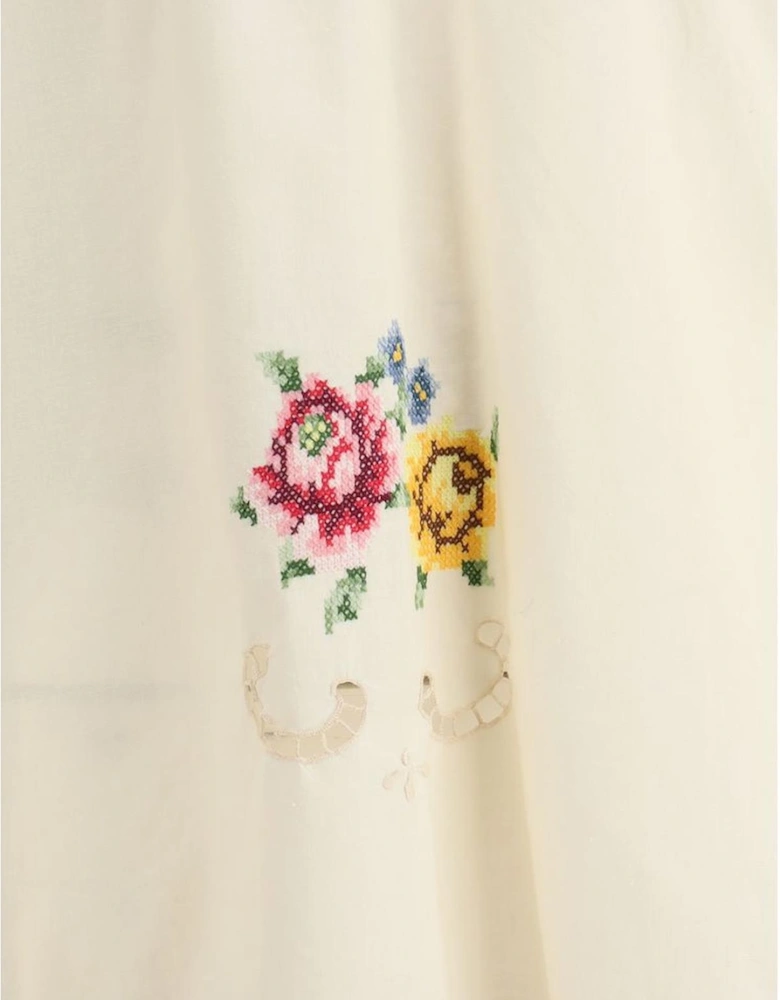 Asymmetric Hem Cotton Blouse with Velvet Ribbons Women - Cream Shirts