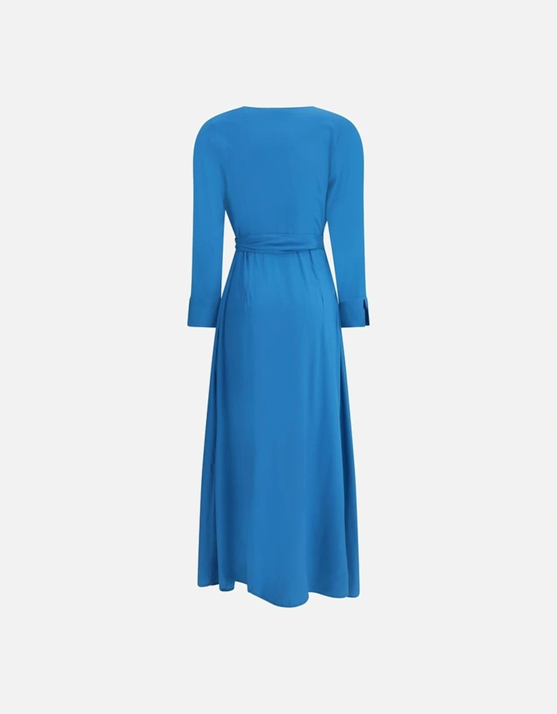 Long Silk Chemisier Dress with V-Neck and Pockets Women - Blue Dresses