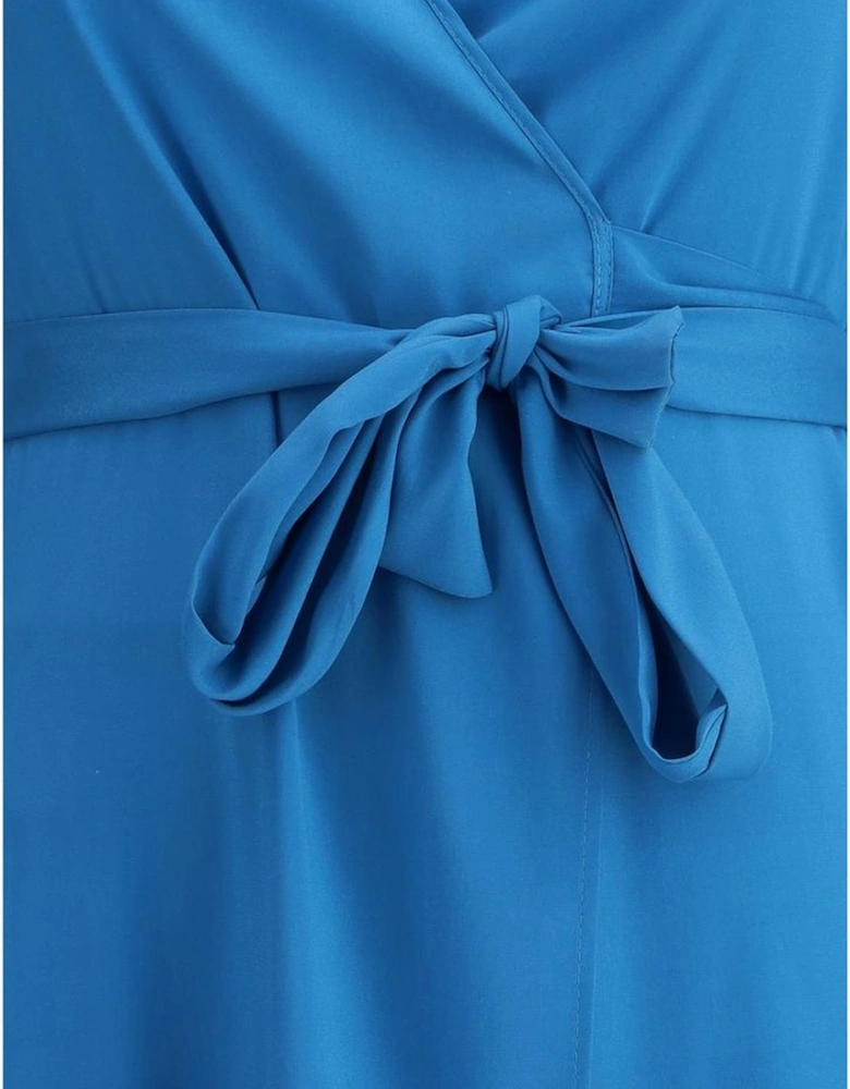 Long Silk Chemisier Dress with V-Neck and Pockets Women - Blue Dresses