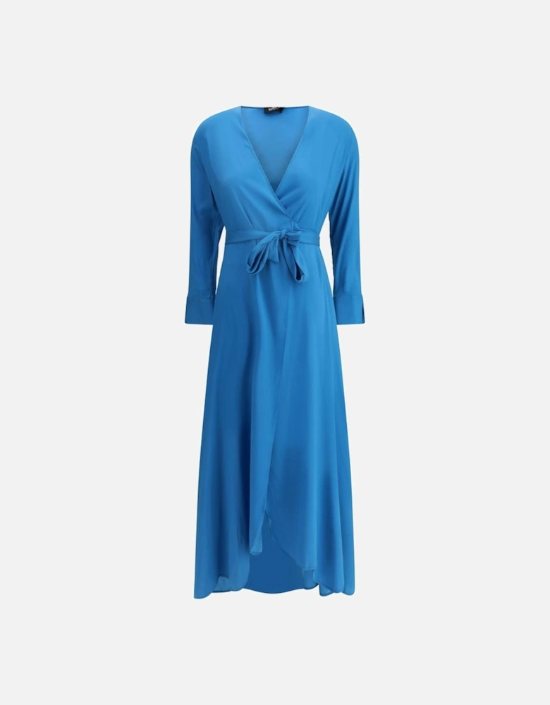 Long Silk Chemisier Dress with V-Neck and Pockets Women - Blue Dresses