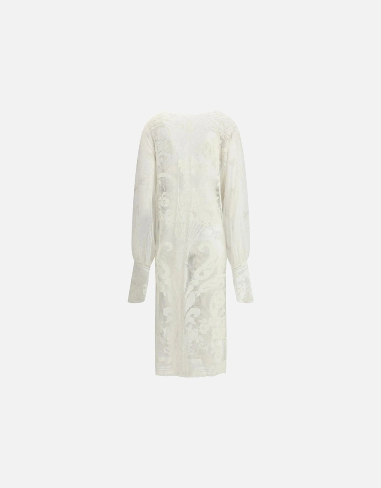 Crocheted Long Jacket with Knotted Velvet Ribbon Women - White Jackets