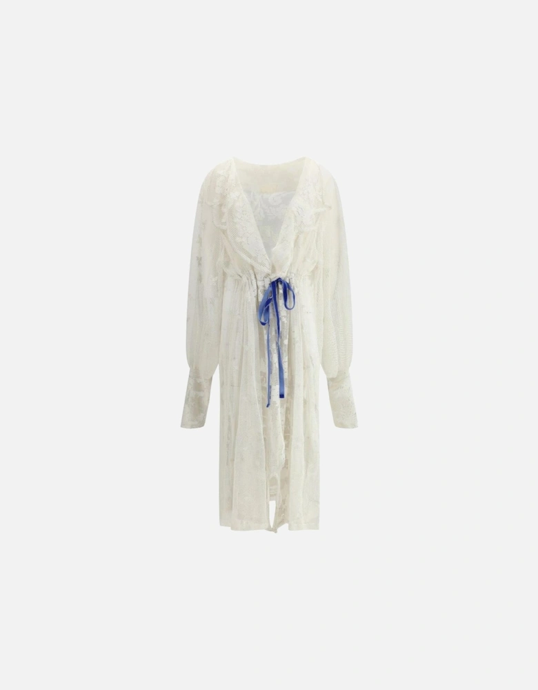 Crocheted Long Jacket with Knotted Velvet Ribbon Women - White Jackets