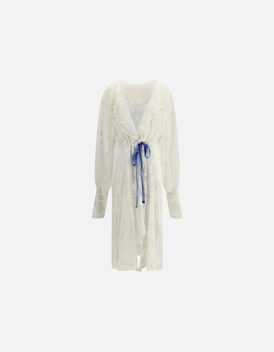 Crocheted Long Jacket with Knotted Velvet Ribbon Women - White Jackets, 4 of 3