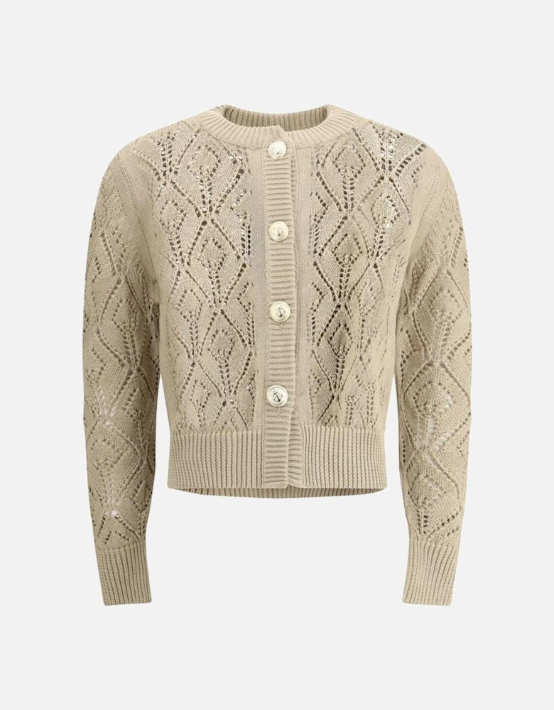 Linen Embossed Button Cardigan Women - Beige Sweaters