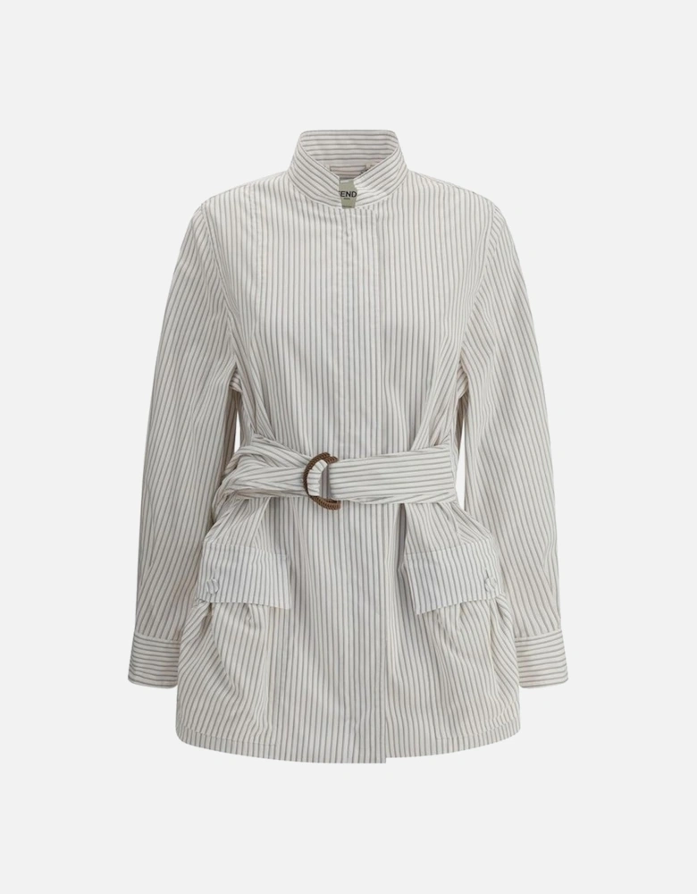 Striped Shirt Jacket with High Mandarin Collar Women - White Jackets