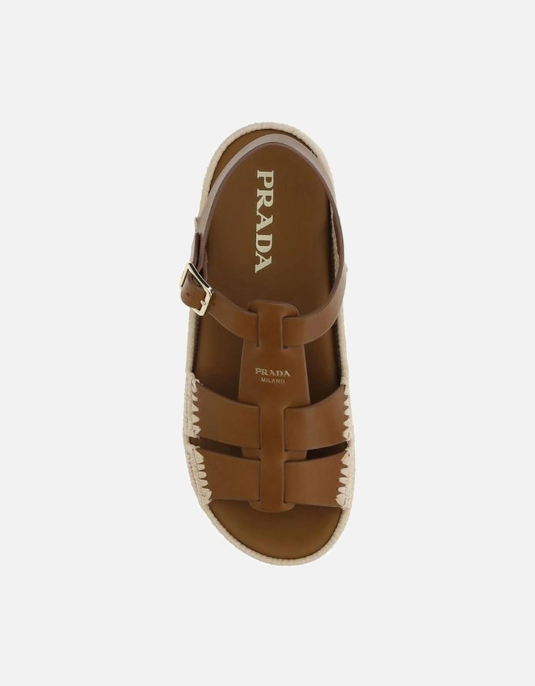 Leather and Raffia Adjustable Strap Sandals Women - Brown