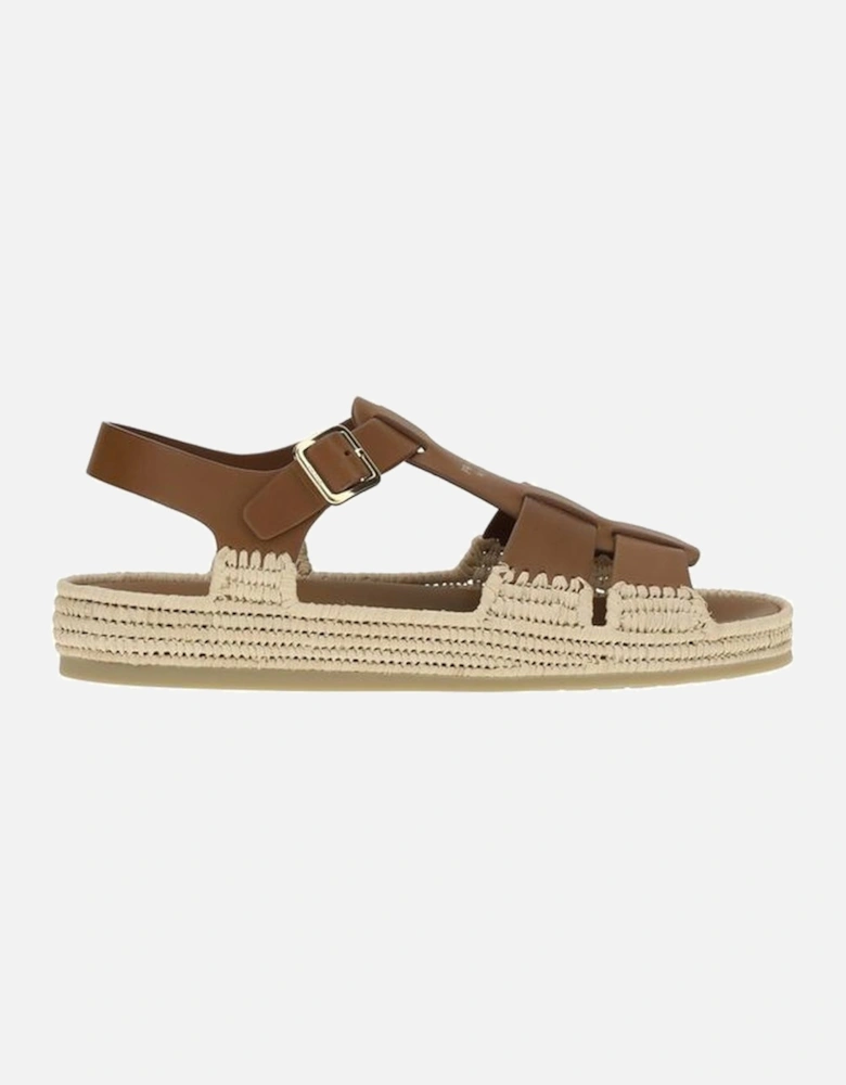 Leather and Raffia Adjustable Strap Sandals Women - Brown
