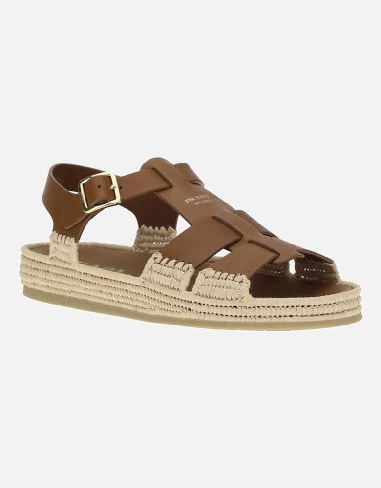 Leather and Raffia Adjustable Strap Sandals Women - Brown