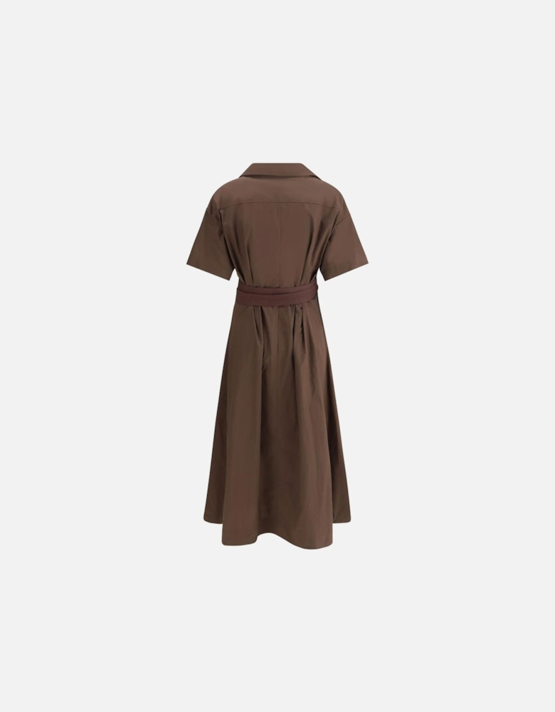 Long Cotton Dress with Fabric Belt Women - Brown Dresses