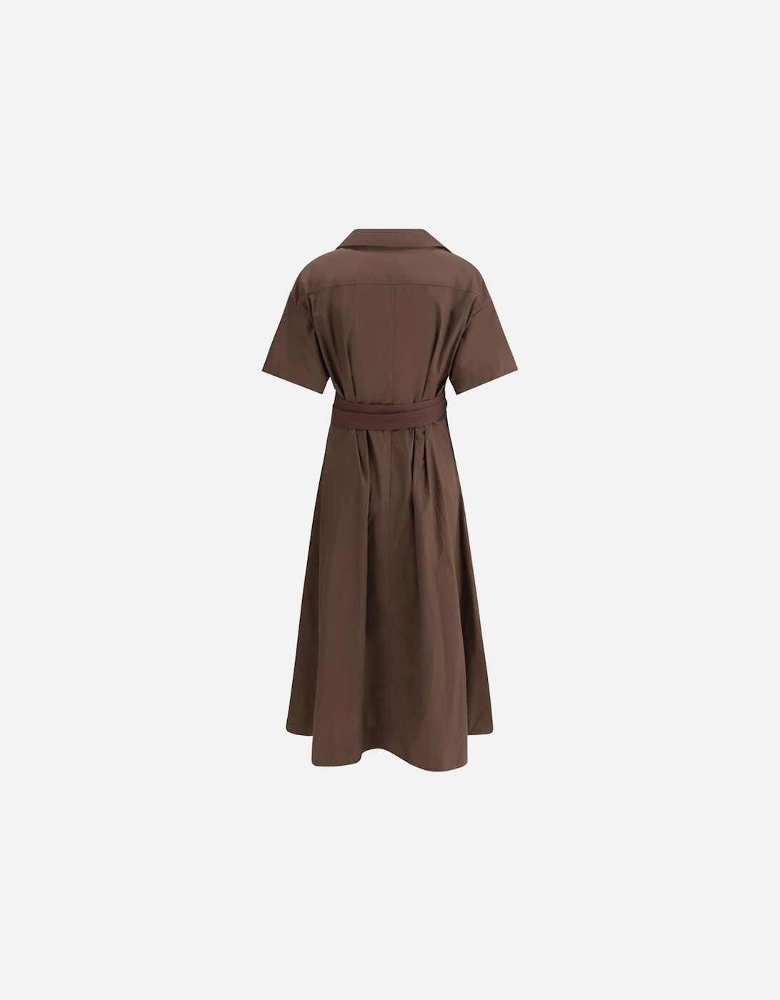 Long Cotton Dress with Fabric Belt Women - Brown Dresses