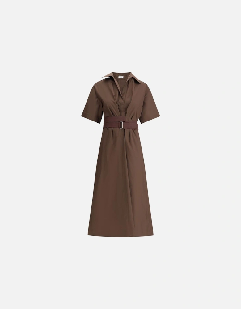 Long Cotton Dress with Fabric Belt Women - Brown Dresses