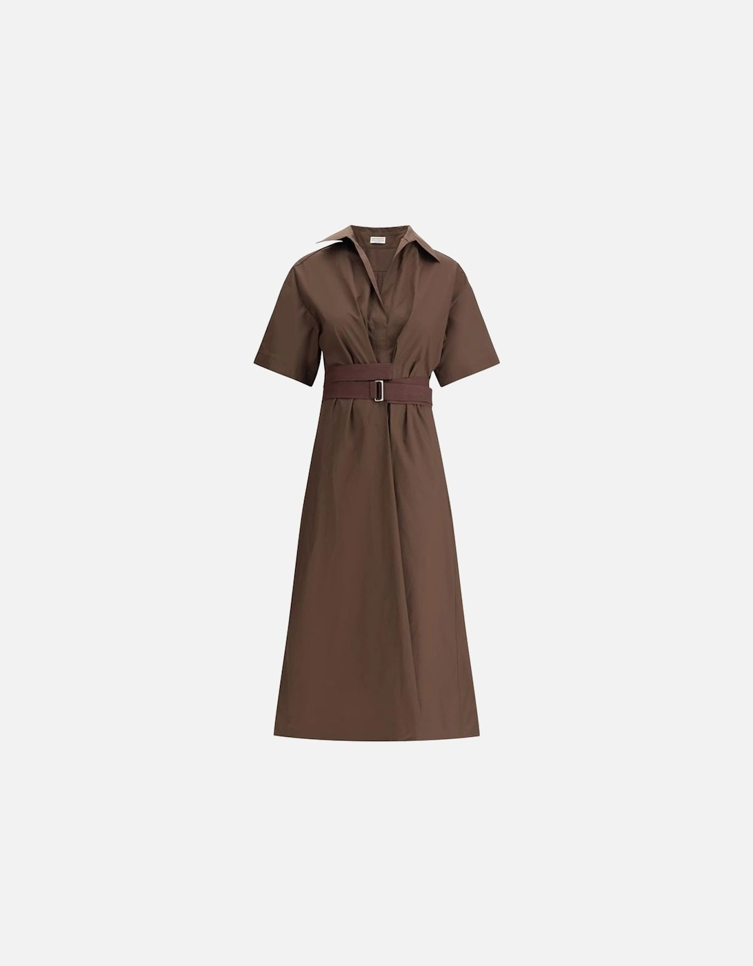 Long Cotton Dress with Fabric Belt Women - Brown Dresses, 4 of 3