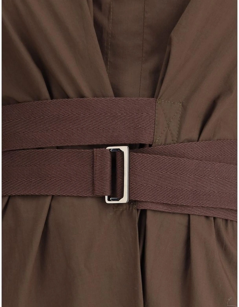 Long Cotton Dress with Fabric Belt Women - Brown Dresses