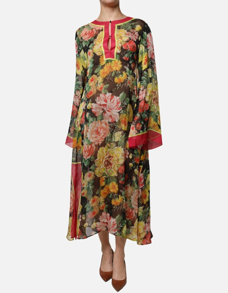 Floral Print Long Sleeve Silk Kaftan Dress Women - Multicolor Dresses