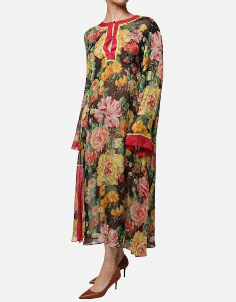 Floral Print Long Sleeve Silk Kaftan Dress Women - Multicolor Dresses