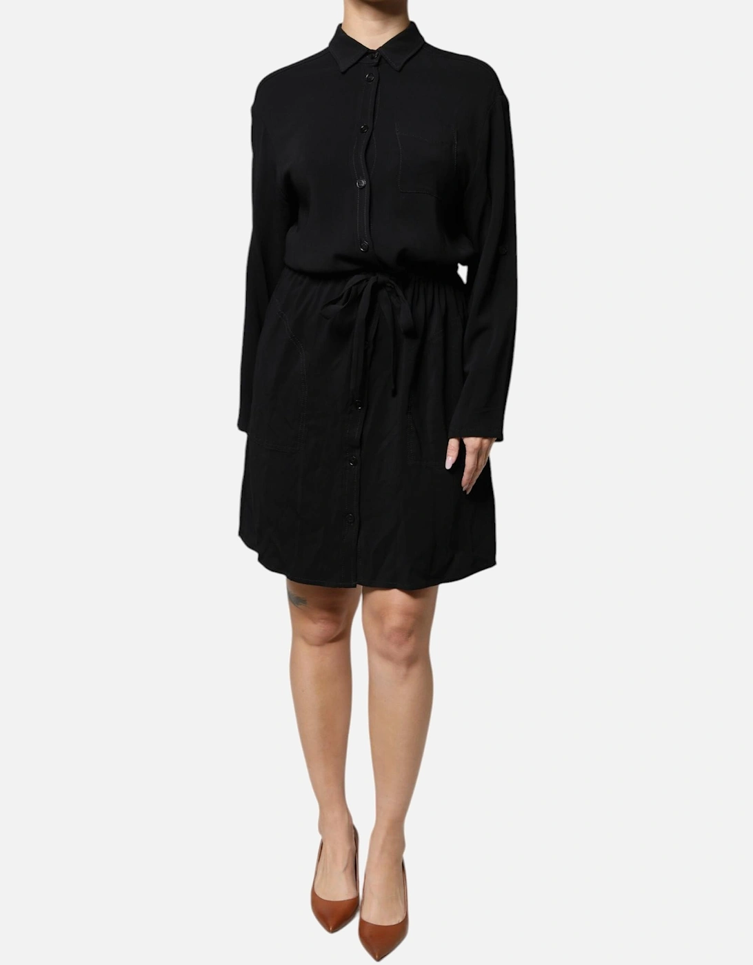 Mini Shirt Dress with Drawstring Waist Women - Black Dresses, 6 of 5