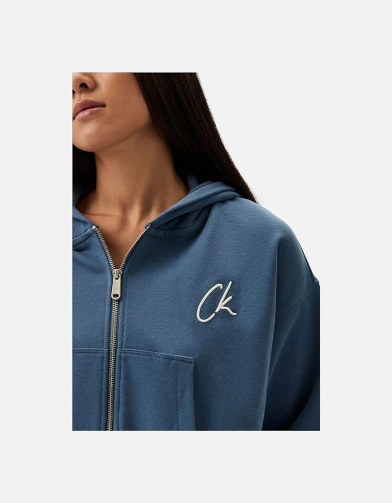 Embroidered Zip-Up Cotton Hoodie Women - Light Blue Sweaters