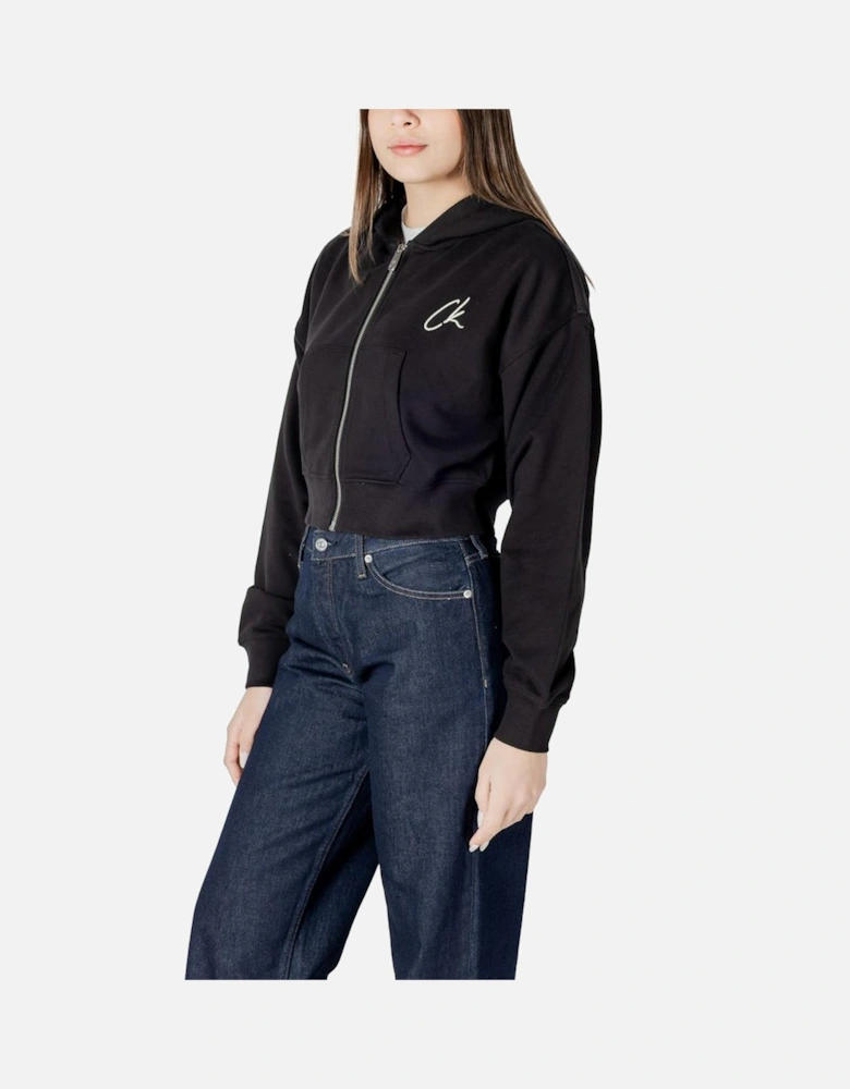 Embroidered Zip Hoodie with Front Zip Design Women - Black Sweaters