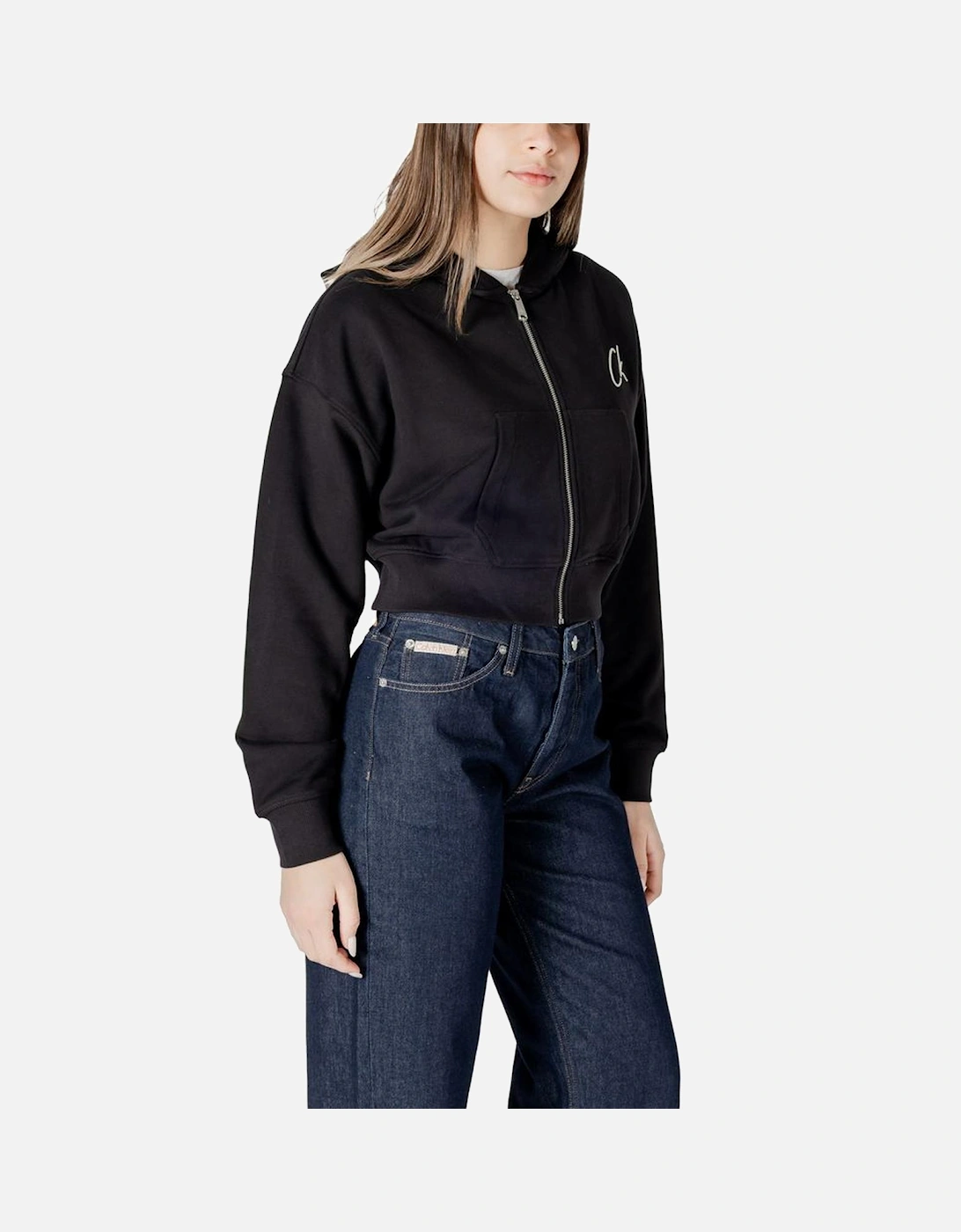 Embroidered Zip Hoodie with Front Zip Design Women - Black Sweaters