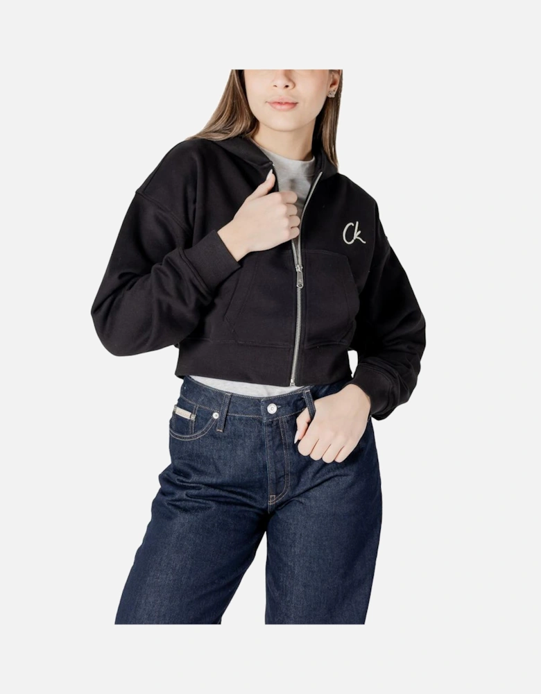 Embroidered Zip Hoodie with Front Zip Design Women - Black Sweaters