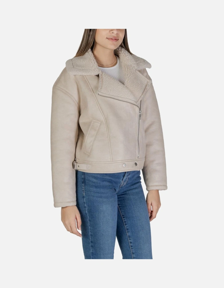 Faux Leather Double-Breasted Jacket Women - Beige Jackets